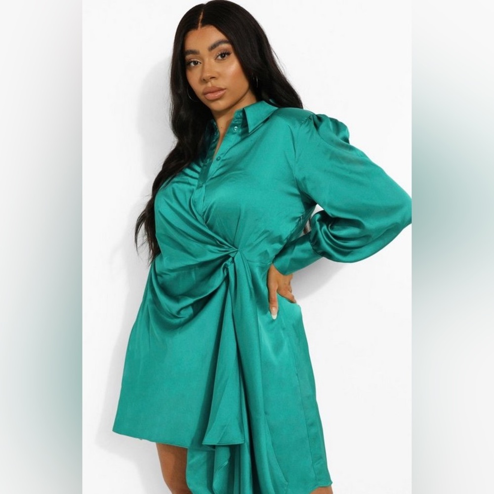 Boohoo | PLUS STATEMENT DRAPED SATIN SHIRT DRESS SIZE 24 - Picture 4 of 4